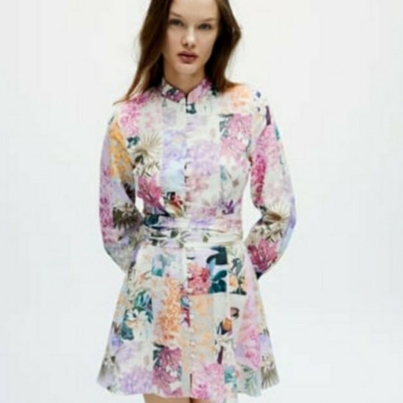 Bloggers favorite Zara tropical parrot dress women’s size Small  belted buttons - Picture 7 of 16